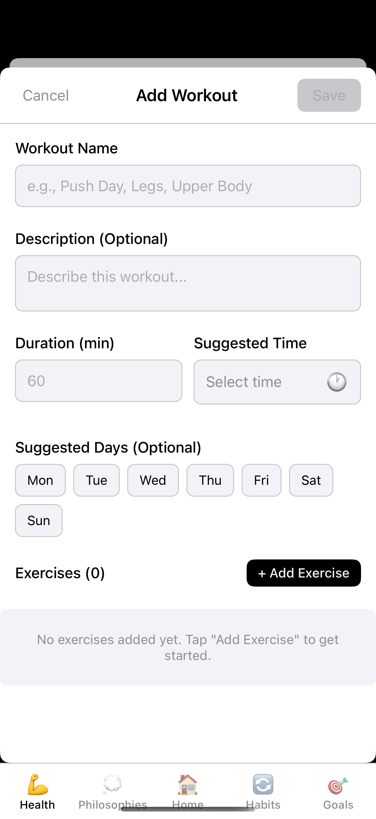 Add Workout - Build individual workout sessions